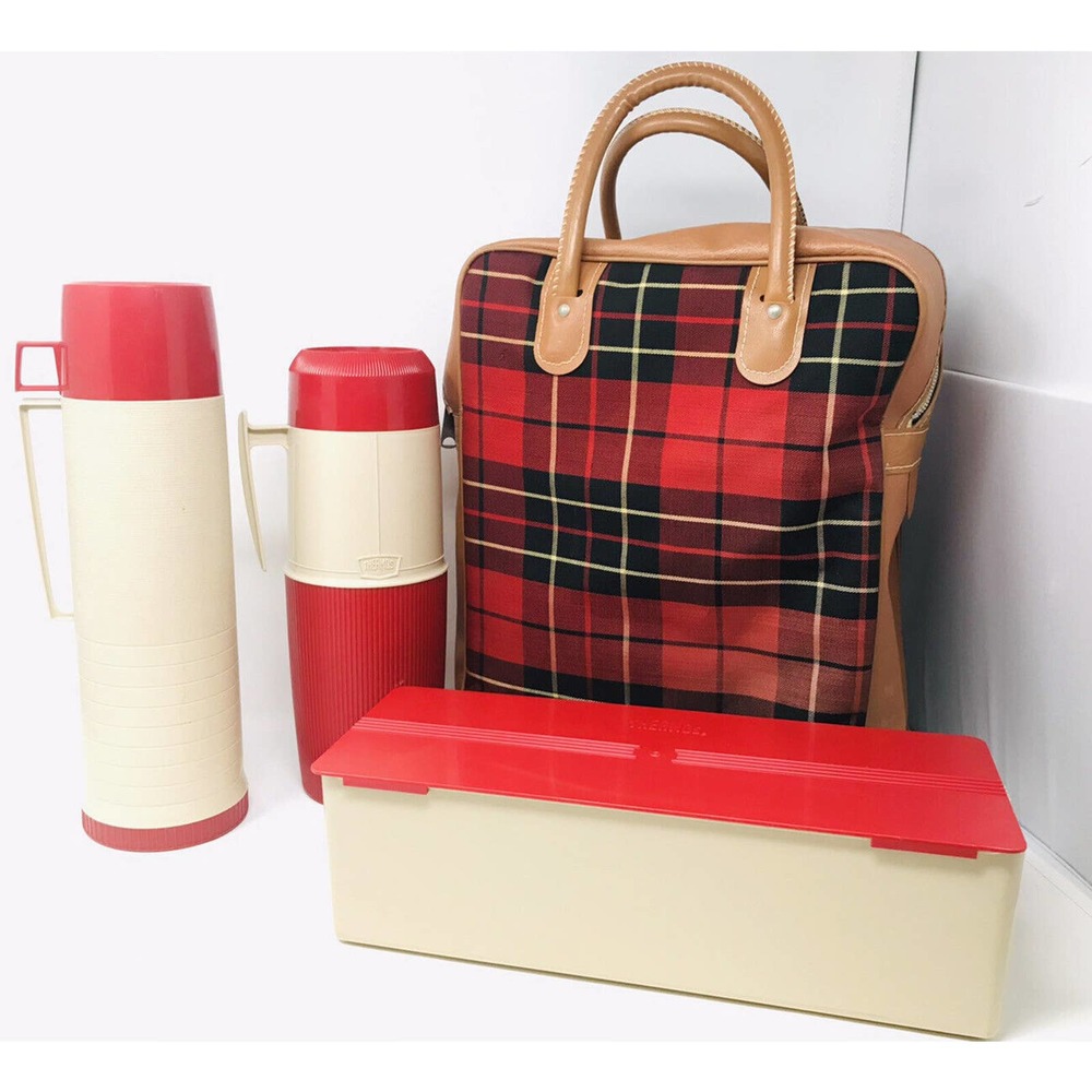 Vintage Red Plaid THERMOS Lunch Box PICNIC SET Canvas Vinyl Bag King Seeley